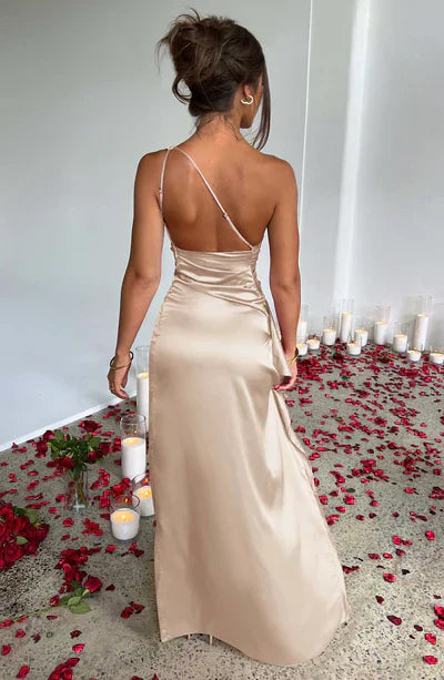 Elegant Satin Off Shoulder Maxi Dress with High Slit