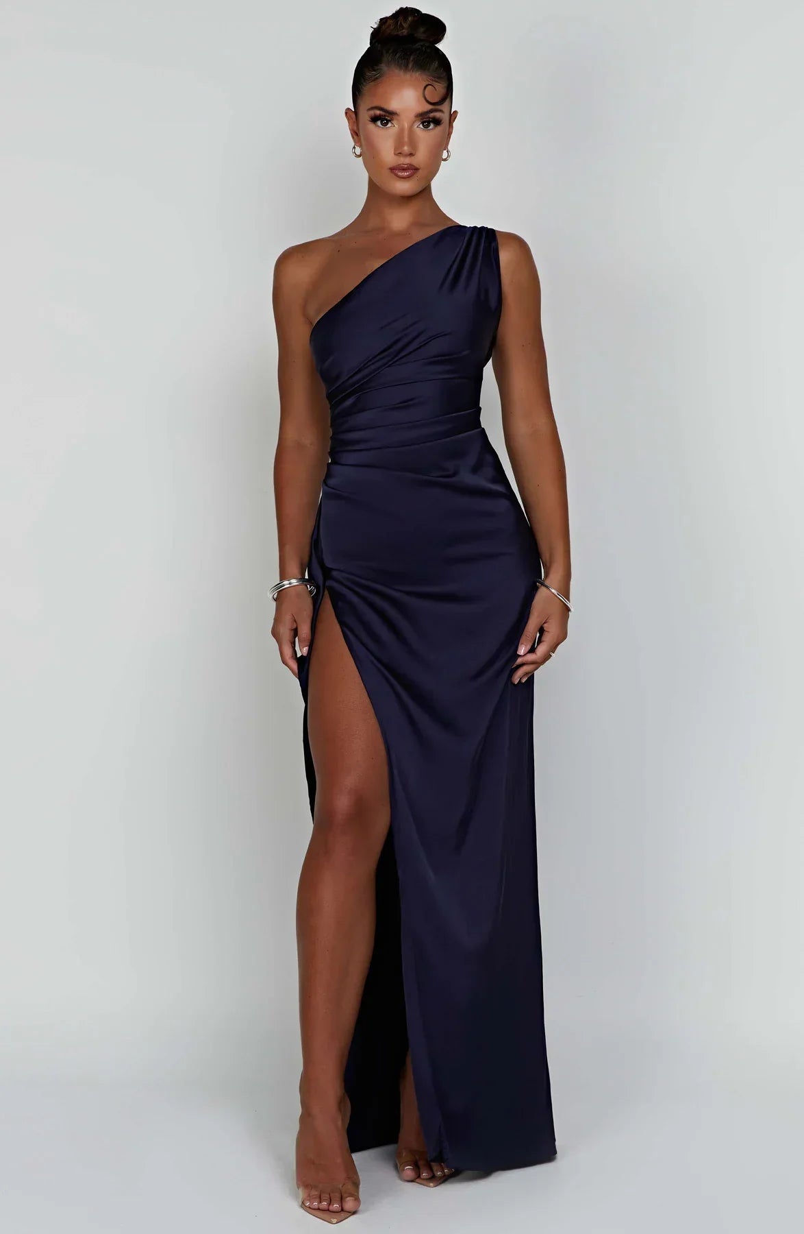 Ava | One Shoulder Pleated Split Satin Dress