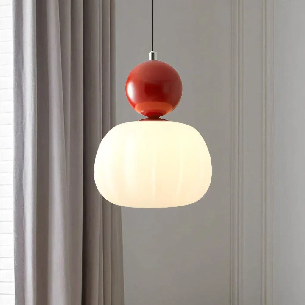 "Art Deco Cream Pendant Light with Bauhaus design, features high-quality metal frame and warm glow for elegant home lighting.