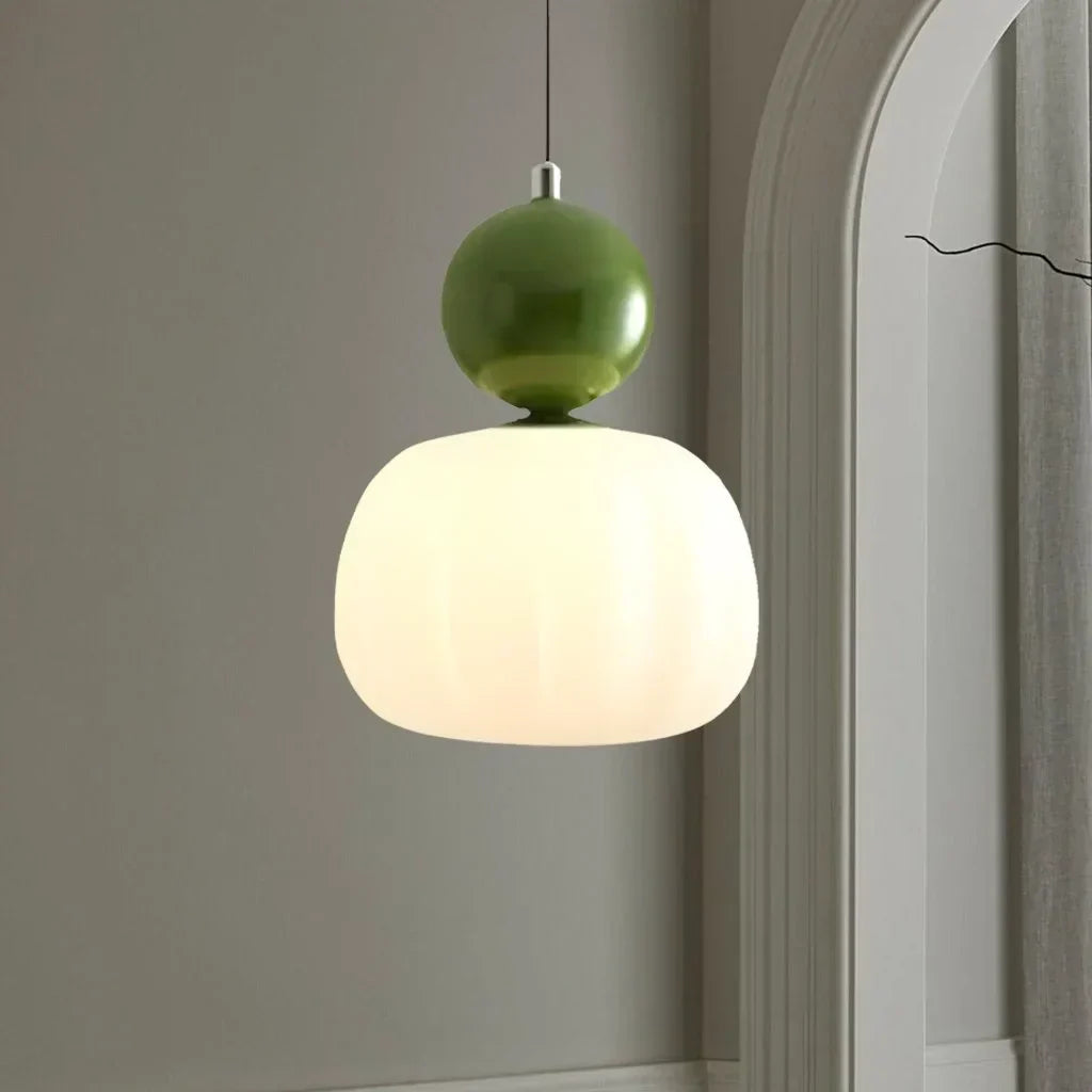"Art Deco Cream Pendant Light with Bauhaus design, features high-quality metal frame and warm glow for elegant home lighting.