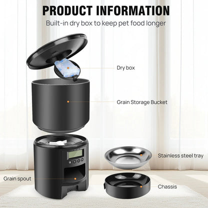 "Automatic cat feeder dispensing kibble with timer and voice recording feature for timely pet meals."