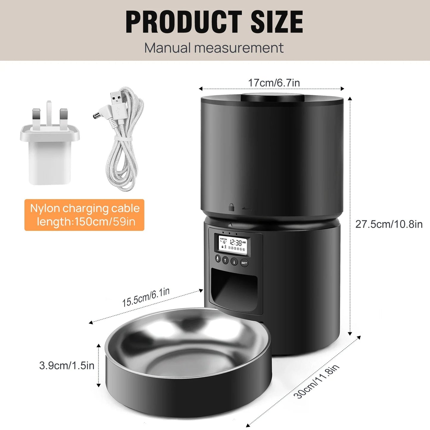 "Automatic cat feeder dispensing kibble with timer and voice recording feature for timely pet meals."
