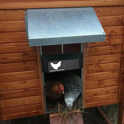Automatic chicken coop door with light sensor, weatherproof brown frame; opens/closes by itself, protects from predators.