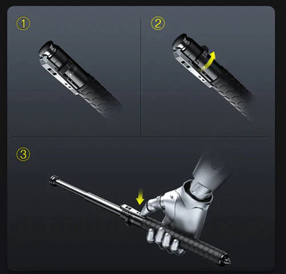 "Automatic folding black walking cane with ergonomic handle, lightweight aluminum, adjustable height for enhanced support."