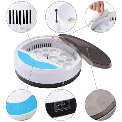 "Automatic LED egg incubator with temperature control, featuring digital display and eco-friendly ABS materials."