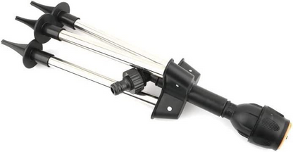 Automatic rotating garden sprinkler with adjustable tripod for customizable height, perfect for even water distribution.