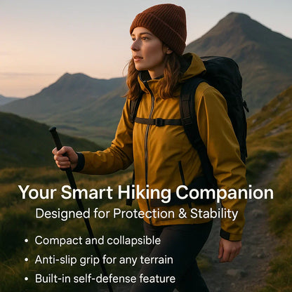 "Automatic self-defense walking stick for urban safety with one-click deploy, anti-slip grip, and lightweight alloy design."