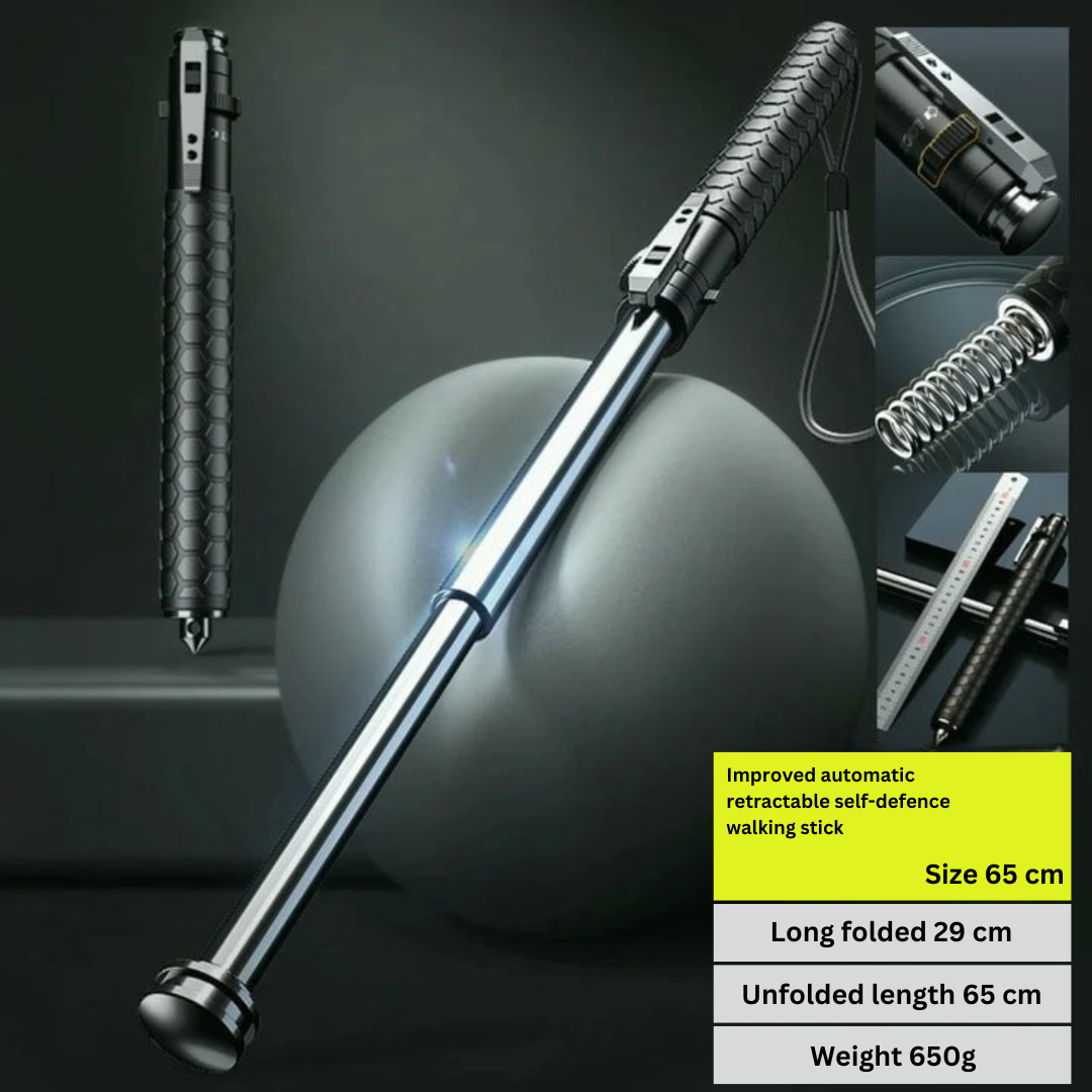 "Automatic self-defense walking stick for urban safety with one-click deploy, anti-slip grip, and lightweight alloy design."