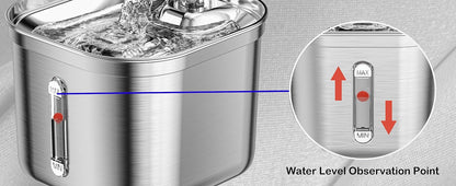 "Automatic stainless steel cat water fountain with triple filtration, quiet pump, and adjustable flow for pet hydration."