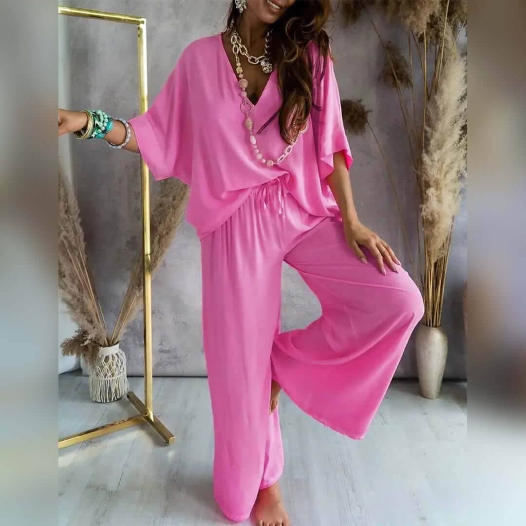 Ladies Comfortable 2-Piece V-Neck Suit Set