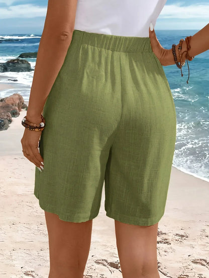 Elastic Waist Casual Button Shorts