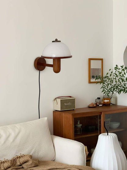 Rustic Wooden Fungi Wall Lamp with Cream Shade
