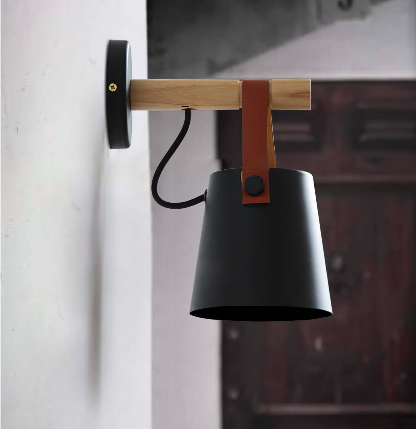 Rustic Wood Wall Lamp with Brown Leather Strap
