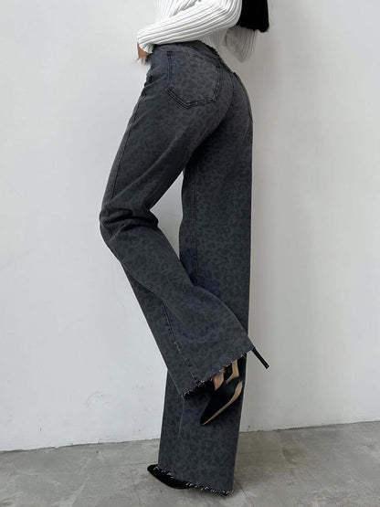 Fashionable Leopard Wide Leg High Waist Jeans