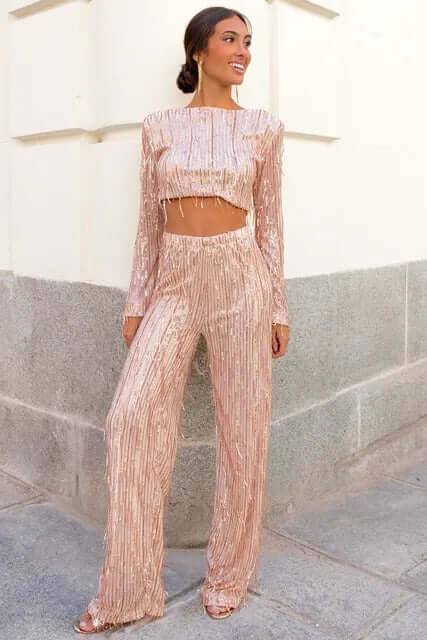 Glittery Sequined Crop Top and Pant Set