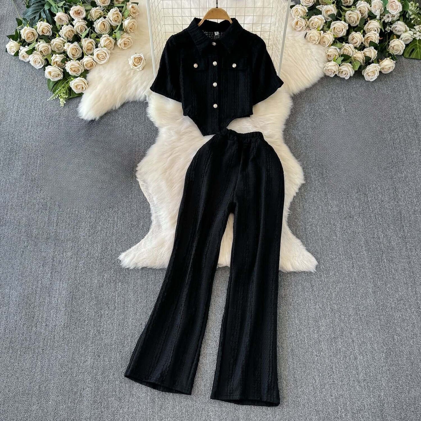 Ladies' Short Sleeve Crop Top and Flared Pants Set