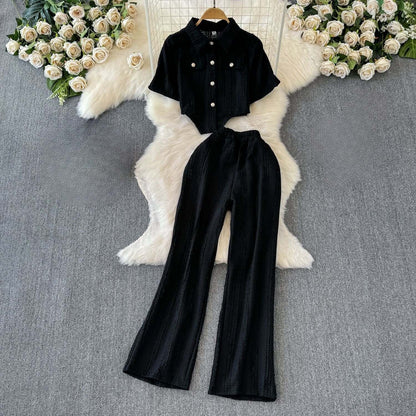 Ladies' Short Sleeve Crop Top and Flared Pants Set