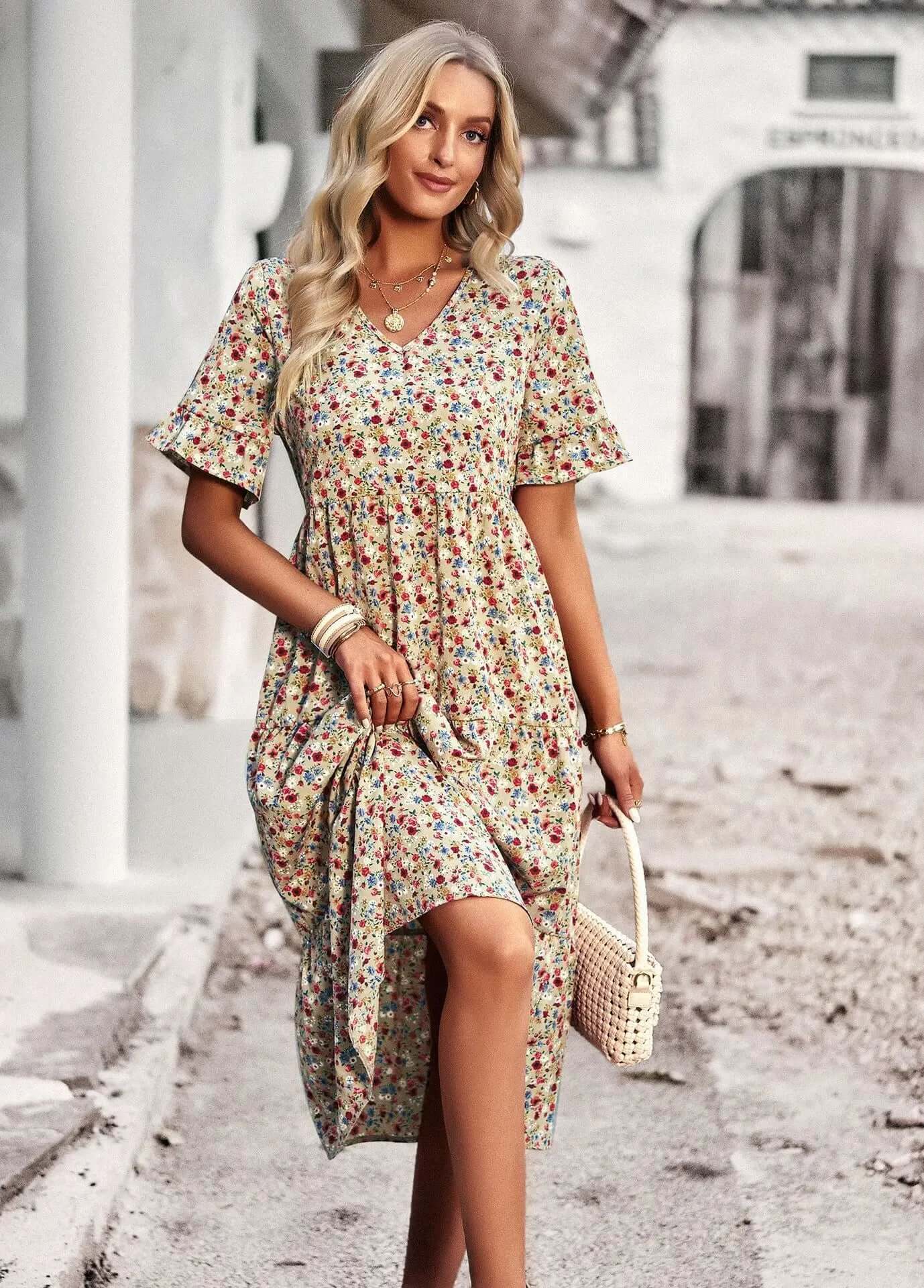 Pretty Patterned V Neck Dress - Luxivelle