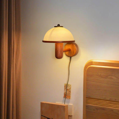 Rustic Wooden Fungi Wall Lamp with Cream Shade