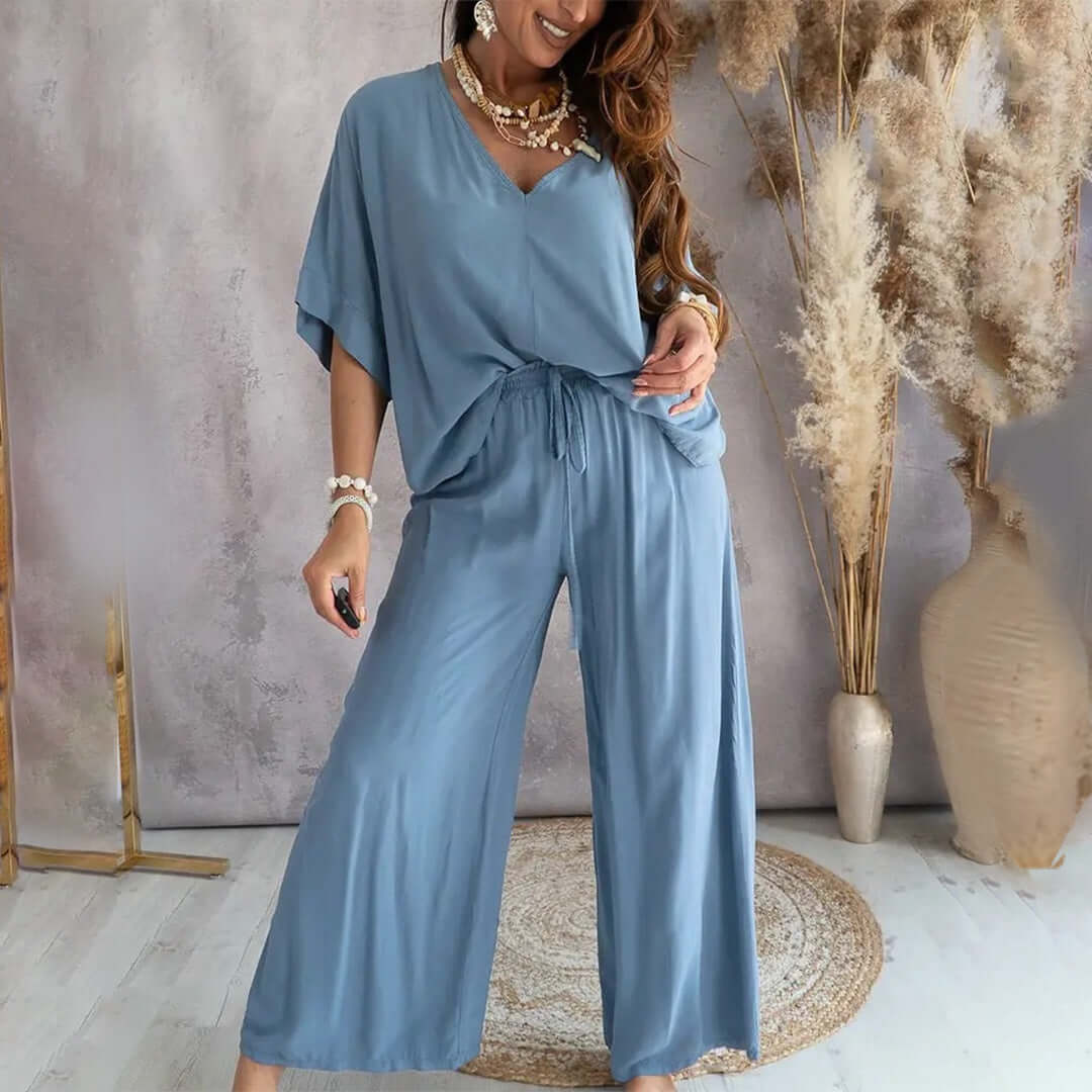 Ladies Comfortable 2-Piece V-Neck Suit Set