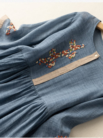 Casual Womens Linen Summer Embroidered Midi Dress