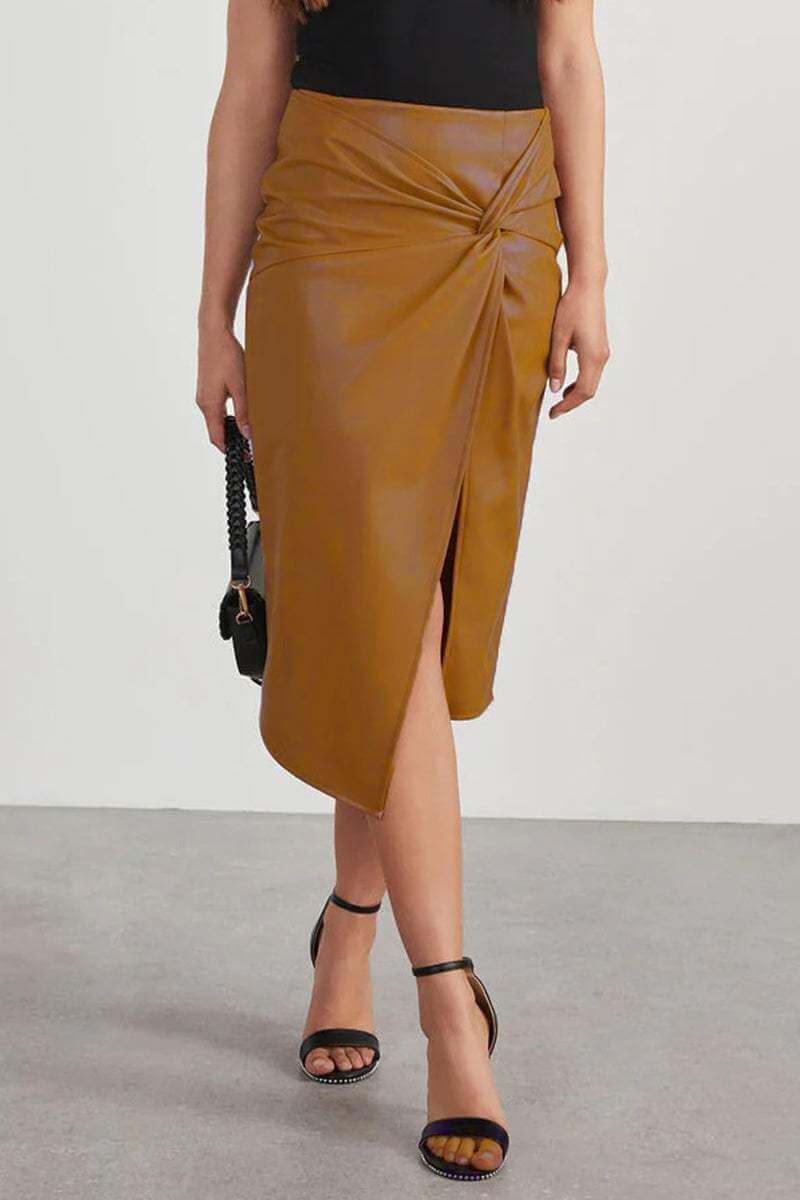 Fake Leather High Waist Pencil Skirt with Gathering