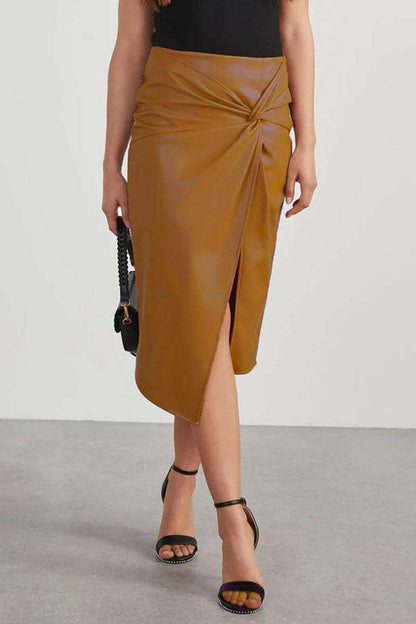 Fake Leather High Waist Pencil Skirt with Gathering