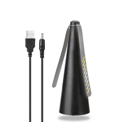 "Battery-operated fly repellent fan with sleek design for alfresco dining, featuring innovative light-bending technology."