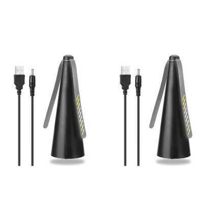 "Battery-operated fly repellent fan with sleek design for alfresco dining, featuring innovative light-bending technology."