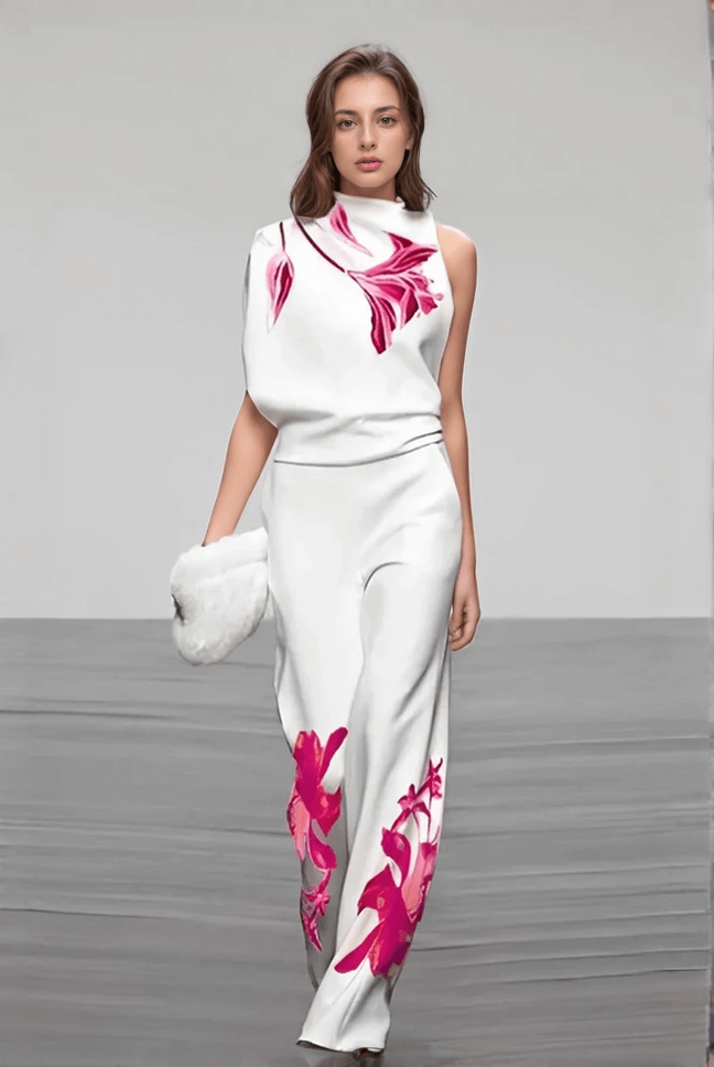 Ladies' Flower Pattern Blouse and Trousers Suit - Luxivelle