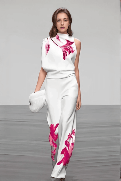 Ladies' Flower Pattern Blouse and Trousers Suit - Luxivelle