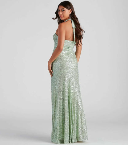 Glittering Deep V Backless Formal Dress with High Split