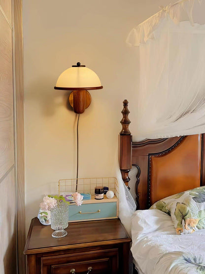 Rustic Wooden Fungi Wall Lamp with Cream Shade