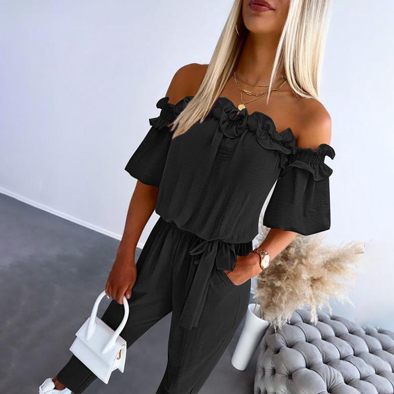 Trendy Cold Shoulder Ruffled Waist Jumpsuit