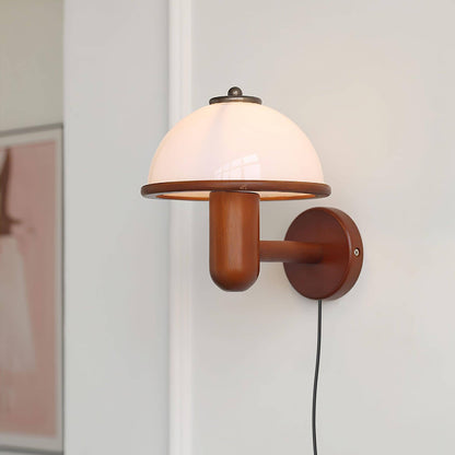 Rustic Wooden Fungi Wall Lamp with Cream Shade