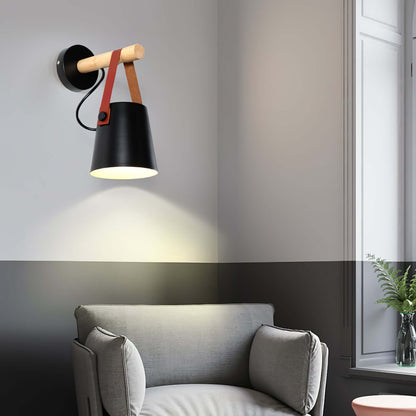 Rustic Wood Wall Lamp with Brown Leather Strap