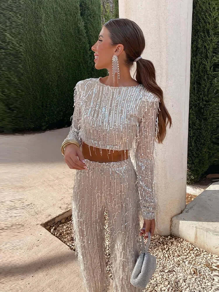 Glittery Sequined Crop Top and Pant Set