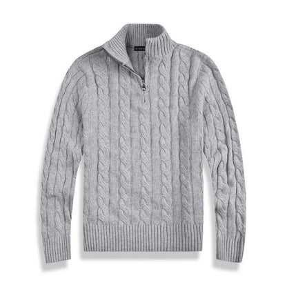 Beige men's half-zip cotton sweater with high collar, front view. Features ribbed edges and luxurious soft fabric.
