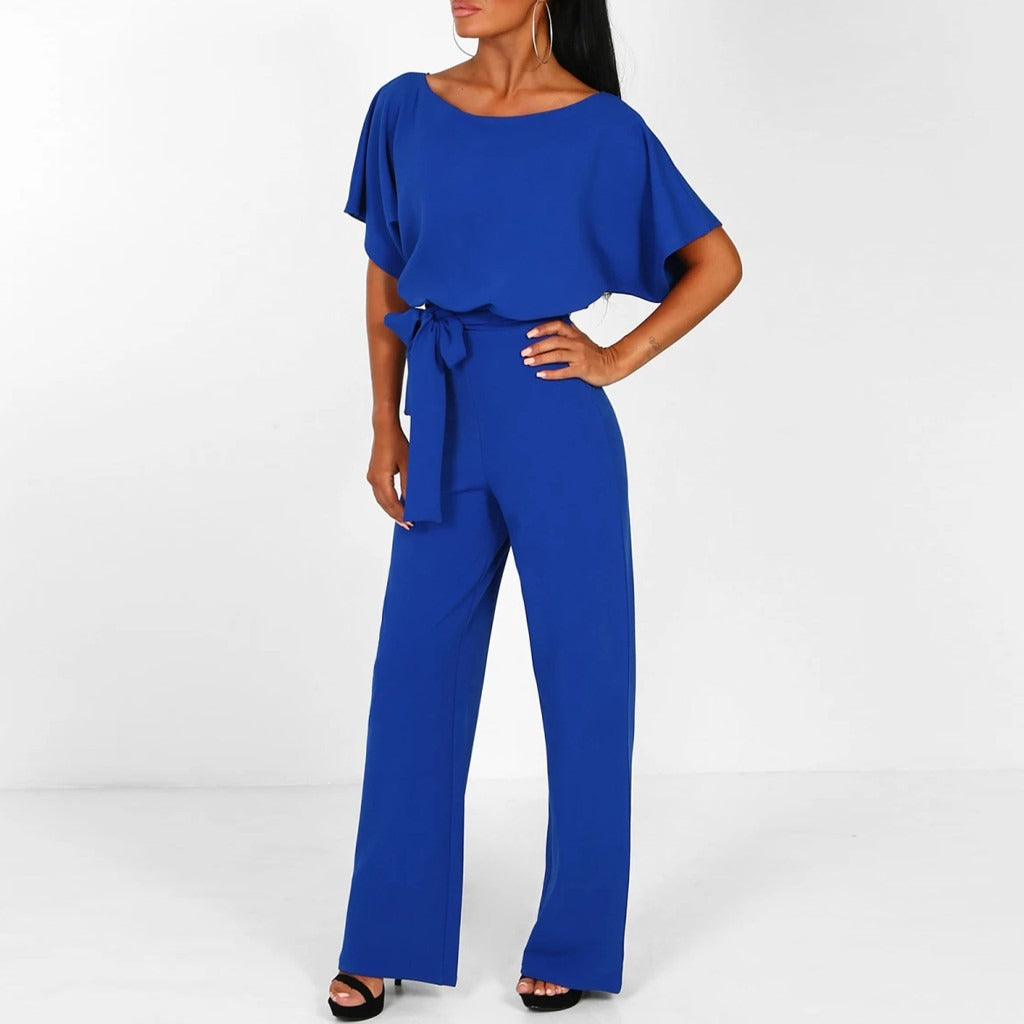 Beige women's elegant wide-leg jumpsuit with short sleeves and self-tie belt, perfect for stylish occasions.