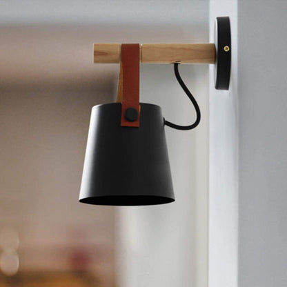 Rustic Wood Wall Lamp with Brown Leather Strap