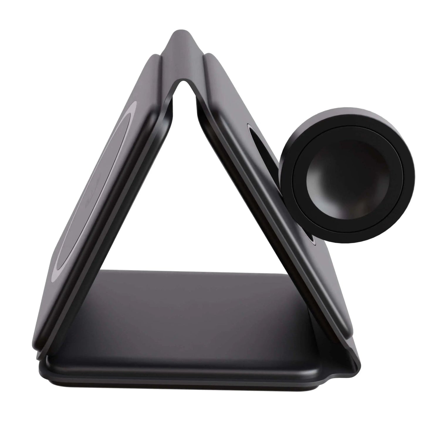 "Black 3-in-1 foldable wireless charger for iPhone, Apple Watch, AirPods; compact, sleek design for easy portability."