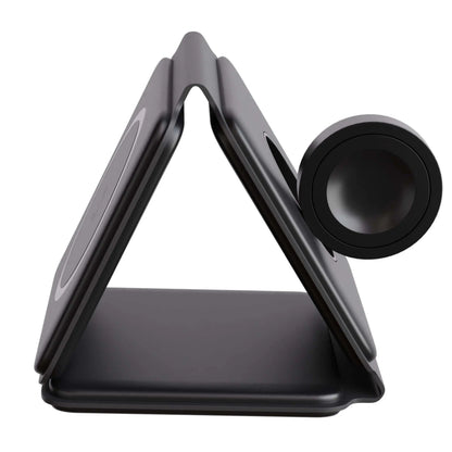 "Black 3-in-1 foldable wireless charger for iPhone, Apple Watch, AirPods; compact, sleek design for easy portability."