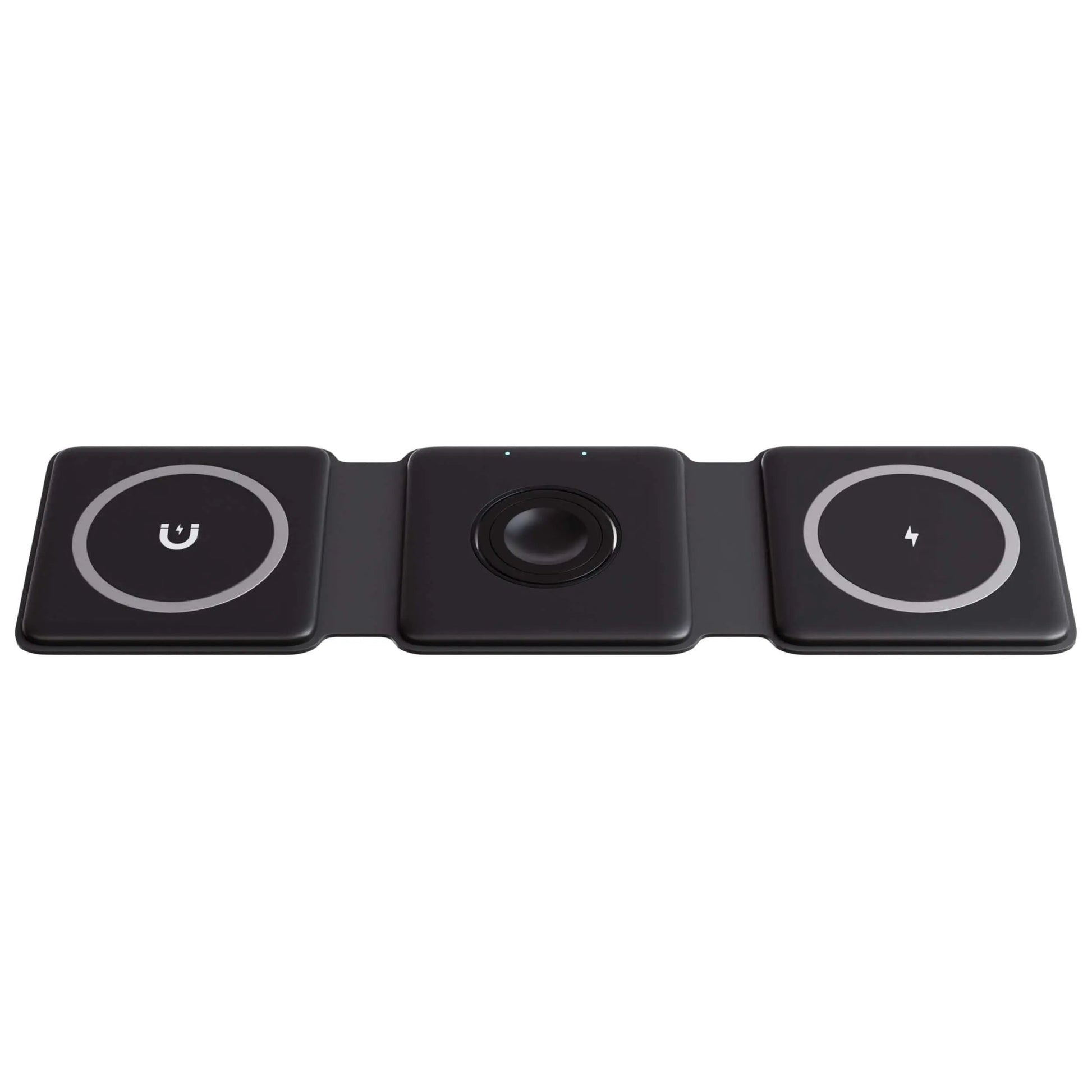 "Black 3-in-1 foldable wireless charger for iPhone, Apple Watch, AirPods; compact, sleek design for easy portability."