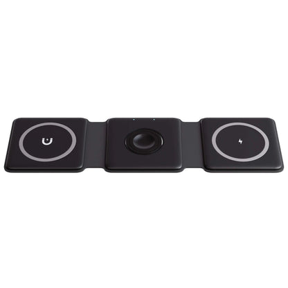 "Black 3-in-1 foldable wireless charger for iPhone, Apple Watch, AirPods; compact, sleek design for easy portability."