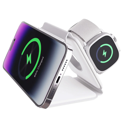 "Black 3-in-1 foldable wireless charger for iPhone, Apple Watch, AirPods; compact, sleek design for easy portability."