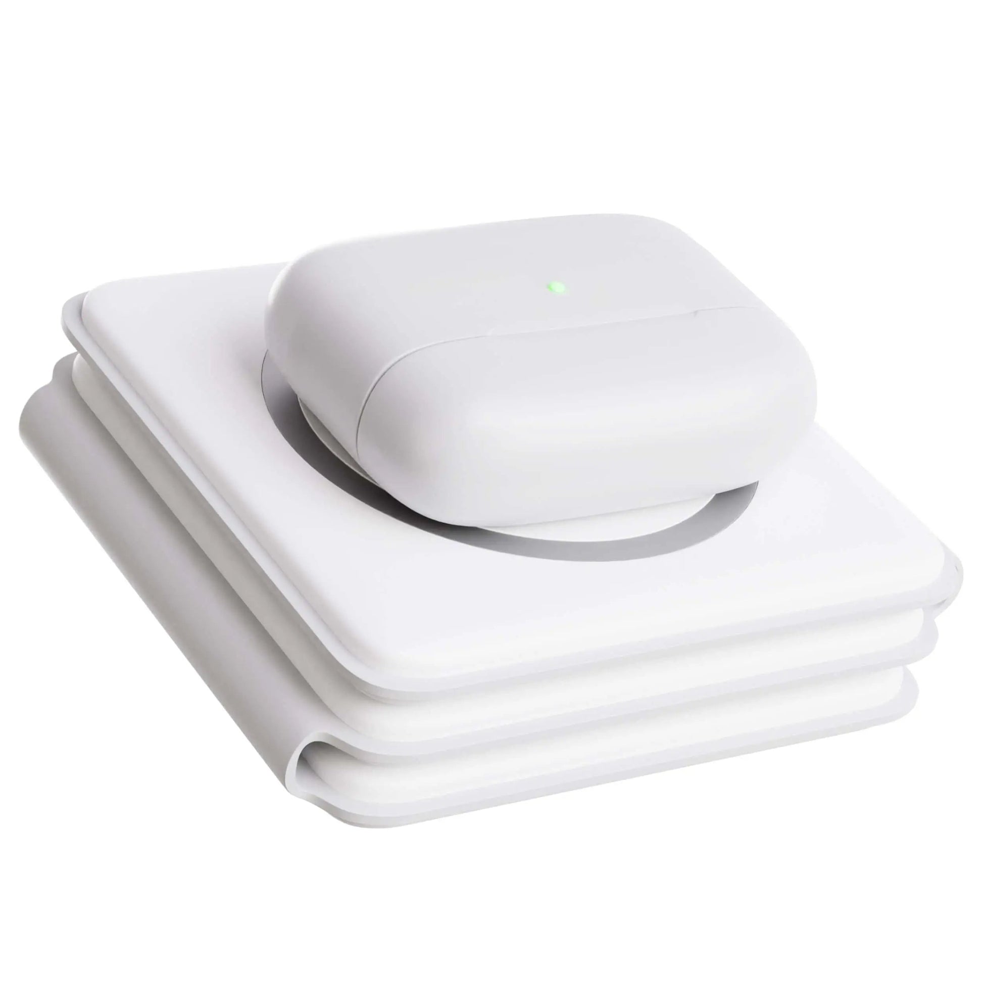 "Black 3-in-1 foldable wireless charger for iPhone, Apple Watch, AirPods; compact, sleek design for easy portability."