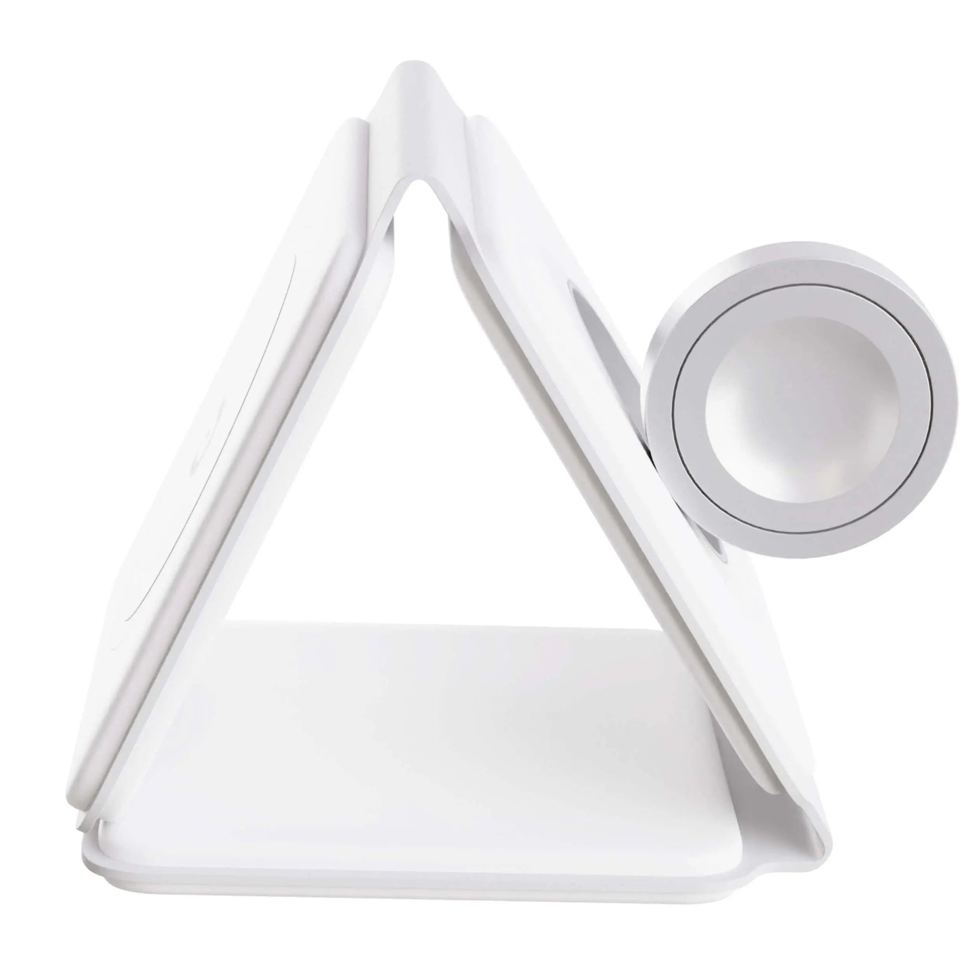 "Black 3-in-1 foldable wireless charger for iPhone, Apple Watch, AirPods; compact, sleek design for easy portability."