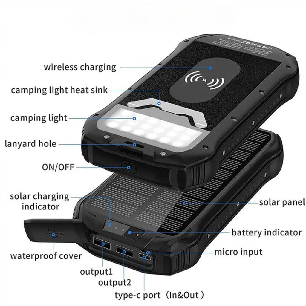 "Black and orange portable solar power bank for outdoor use, showcasing sleek design and multiple charging ports."