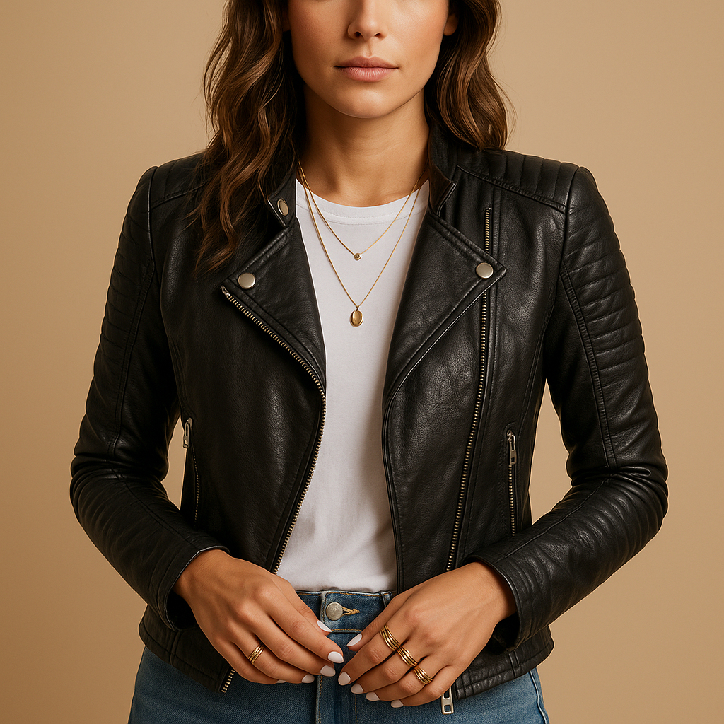 Women's Fake Leather Biker Jacket with Collar - Luxivelle