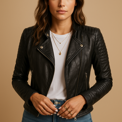 Women's Fake Leather Biker Jacket with Collar - Luxivelle